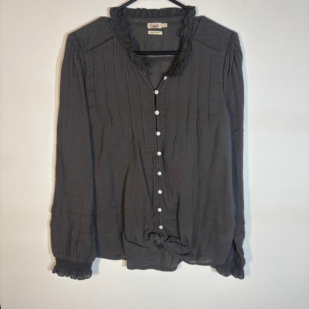 Faherty Womens L Black Organic Cotton Ruffle Tie Front Boho Peasant Blouse